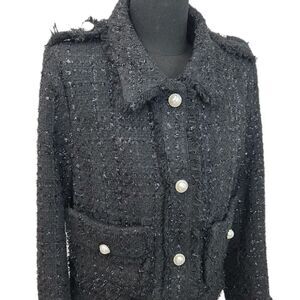 Bouclé Tweed Fringe Jacket Women’s Large Black Shimmer Pearl Button Blazer